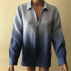Vince Camuto Women’s Blue Linen Shirt Size XS Long Sleeves V-Neck Collared
